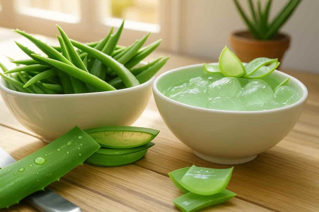 Freshly cut aloe vera leaf oozing natural gel, highlighting its skincare benefits. Pure and organic.