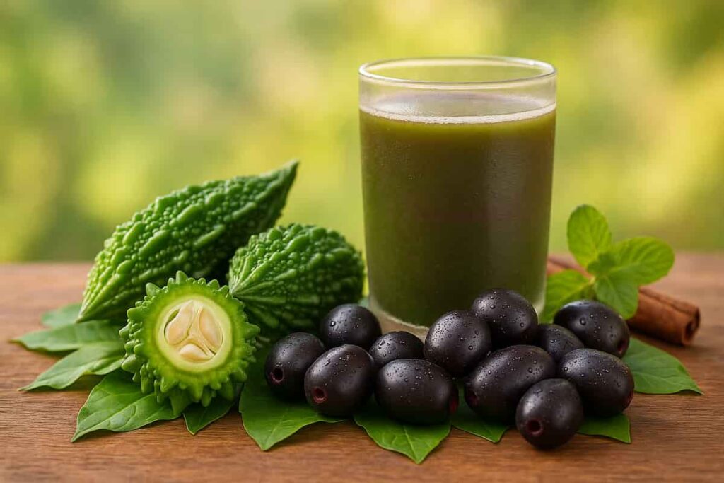 Fresh karela and jamun fruits with a glass of healthy juice, showcasing natural Ayurvedic benefits in a serene outdoor setting