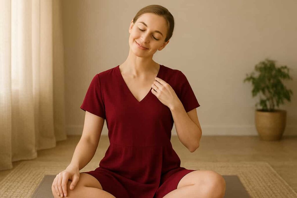 A peaceful, fit young woman with fair skin and blue eyes in a dark minimalist shorts dress, sitting upright and gently rolling her neck in a circular motion, preparing for meditation, with a calm and confident smile.