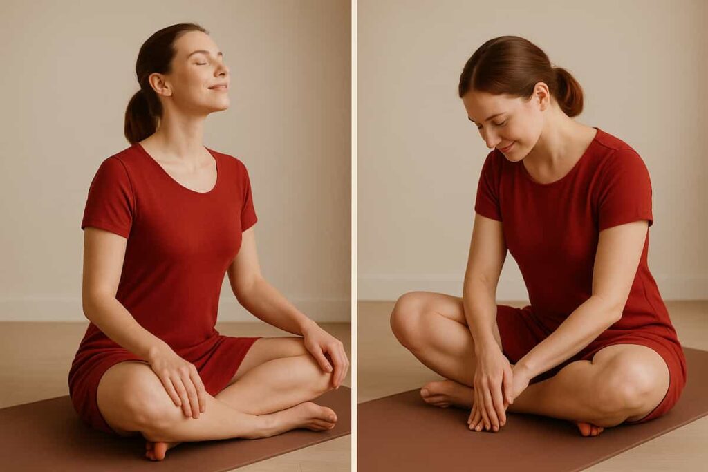 A peaceful, fit young woman with fair skin and blue eyes in a dark minimalist shorts dress, performing Seated Cat-Cow yoga pose cross-legged, preparing for meditation, with a calm and confident smile.