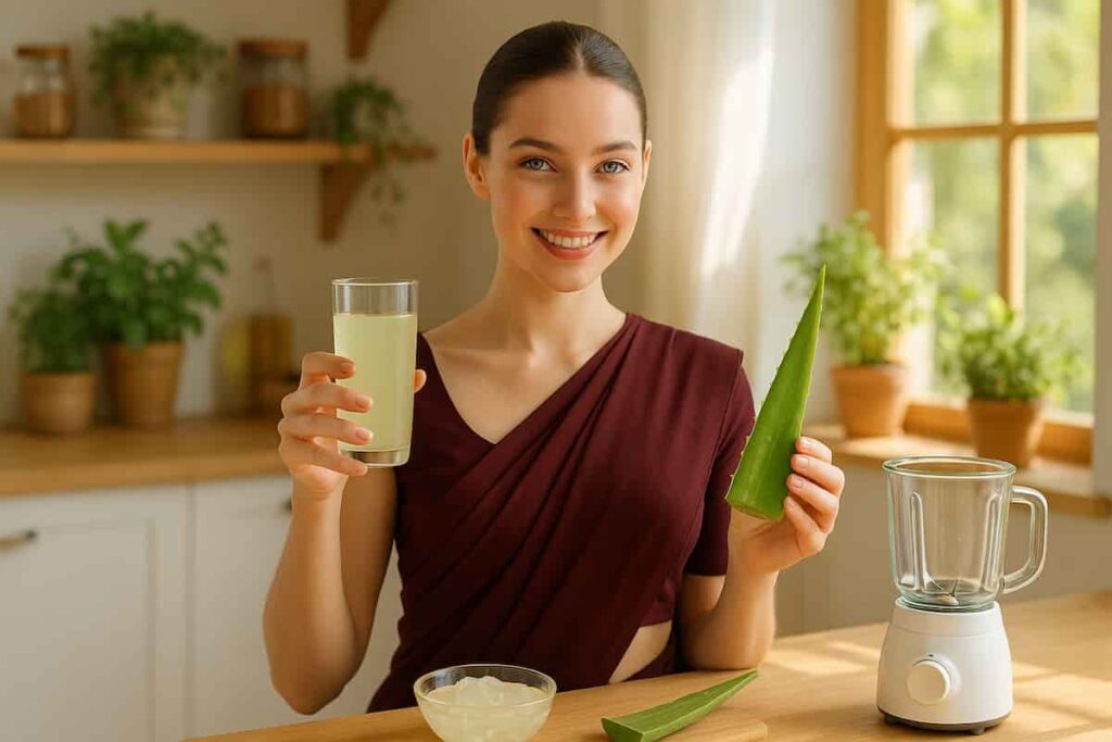 Young healthy woman in dark red saree holding fresh aloe vera juice and leaf, showcasing internal health benefits. Natural wellness at home.