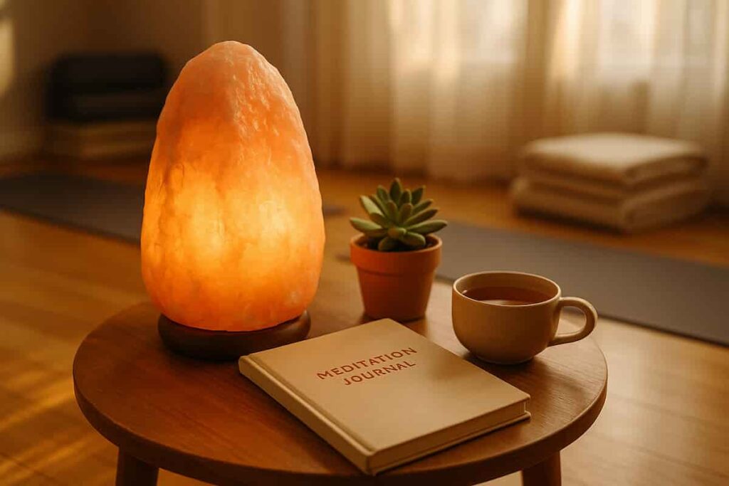 Authentic pink Himalayan salt lamp glowing warmly beside a journal and herbal tea in a serene home yoga space, showcasing natural wellness decor for relaxation and meditation