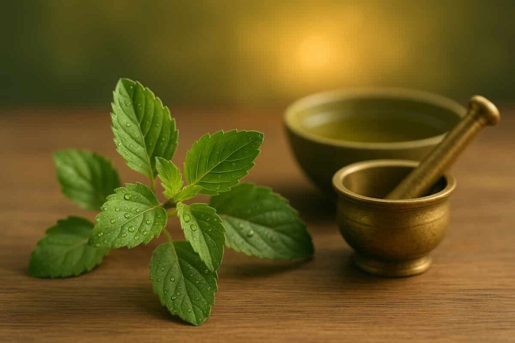 Lifestyle Choice & SLS Living Fresh holy basil (Tulsi) leaves with Ayurvedic tools, showcasing natural healing benefits for mind and body.