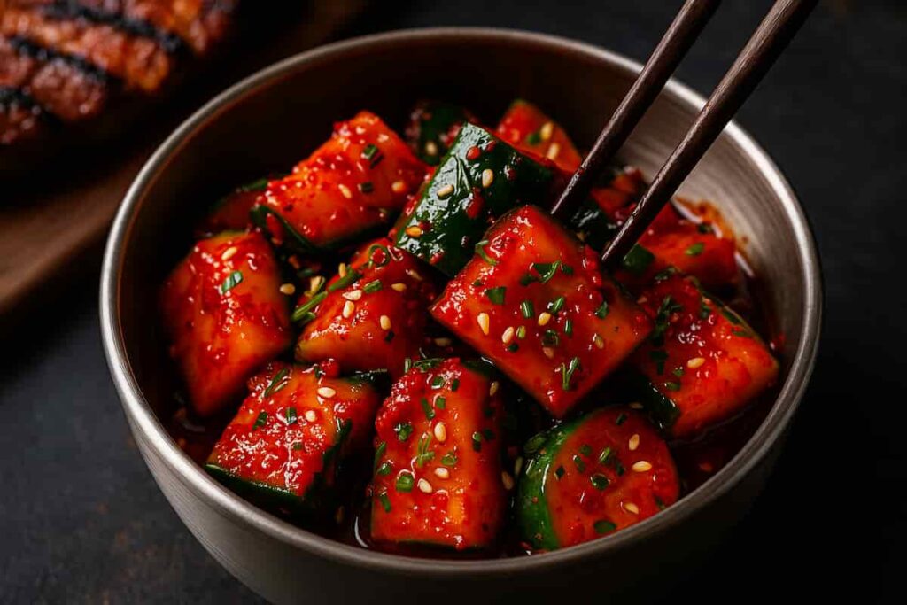 Fiery Korean Oi Muchim salad with crunchy cucumbers coated in vibrant red gochugaru chili flakes, garlic, sesame seeds, and glossy sesame oil dressing.