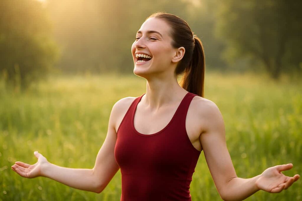 Young woman smiling joyfully during laughter yoga in a red dress, surrounded by morning nature.