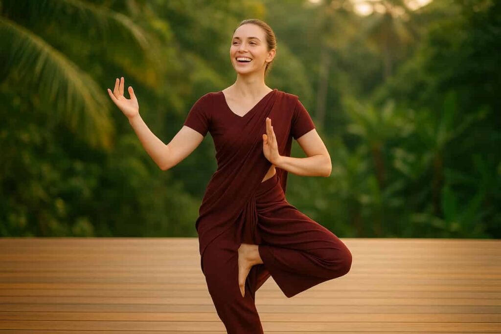 Serene woman in red saree practicing on a sunny deck, smiling joyfully.