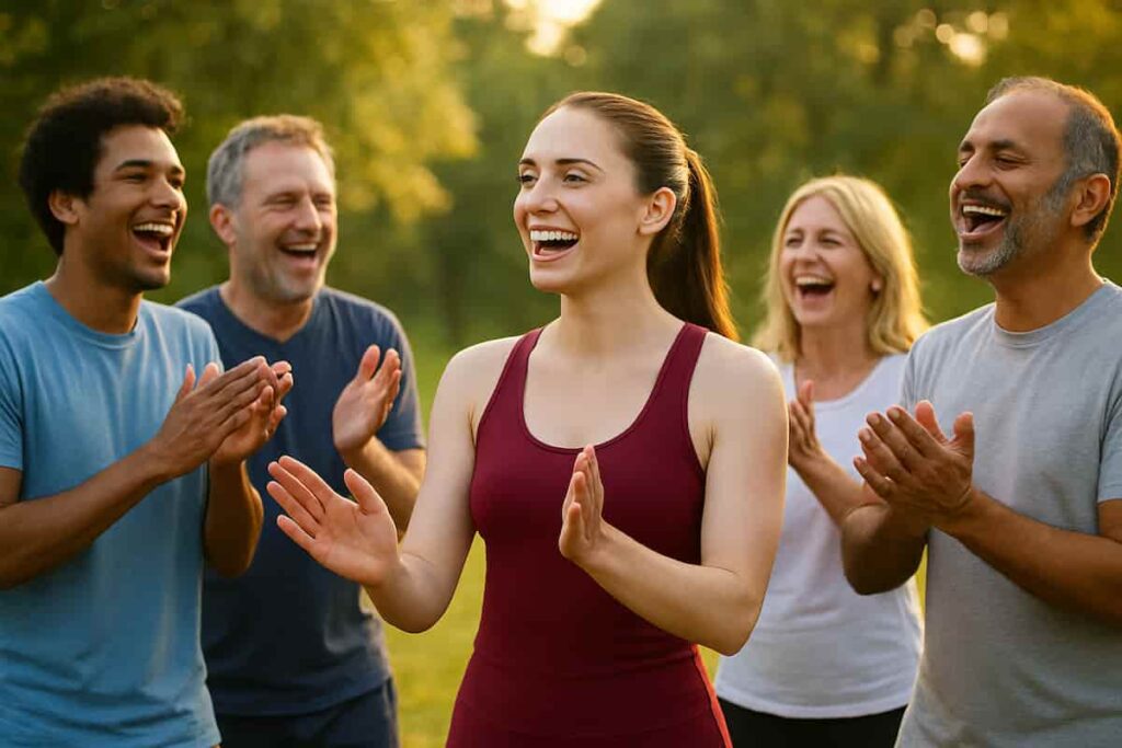 Diverse group clapping and chanting “Ho Ho, Ha Ha Ha!” during laughter yoga in a park.