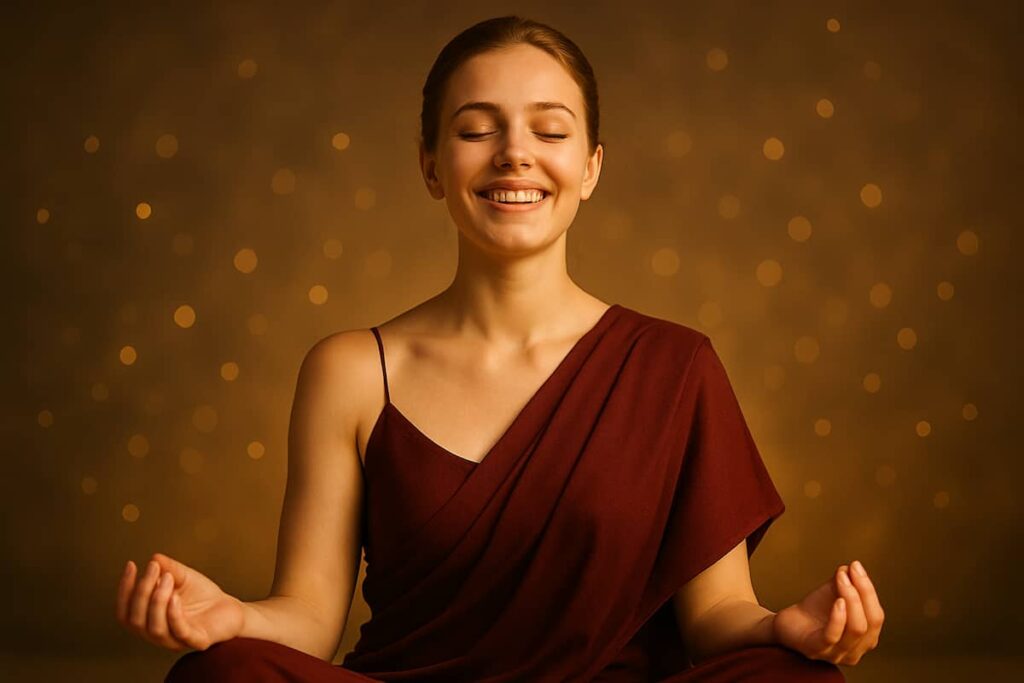 Blissful woman in red saree feeling deep gratitude