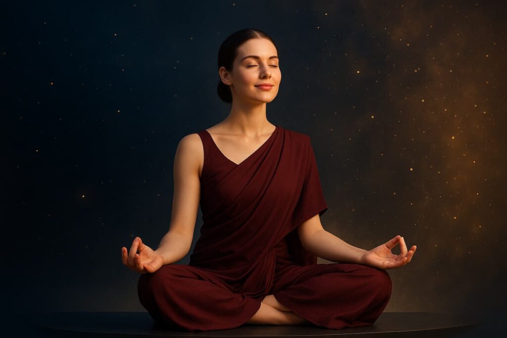 A young woman in a dark red saree meditates peacefully amid cosmic energy, symbolizing the Law of Attraction