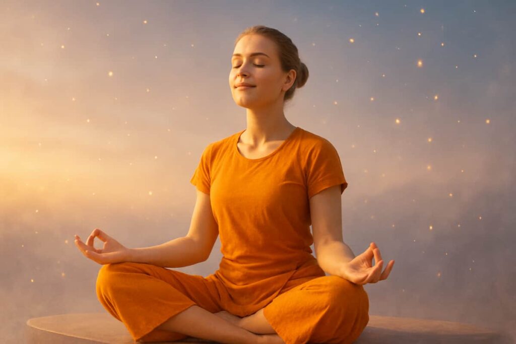 Young woman in red saree smiling joyfully during Law of Attraction visualization meditation
