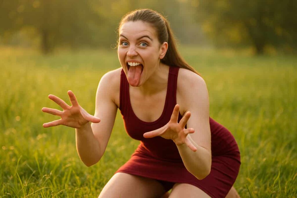 Woman joyfully performing Lion Laughter yoga pose—tongue out, hands like claws—in a sunny field.