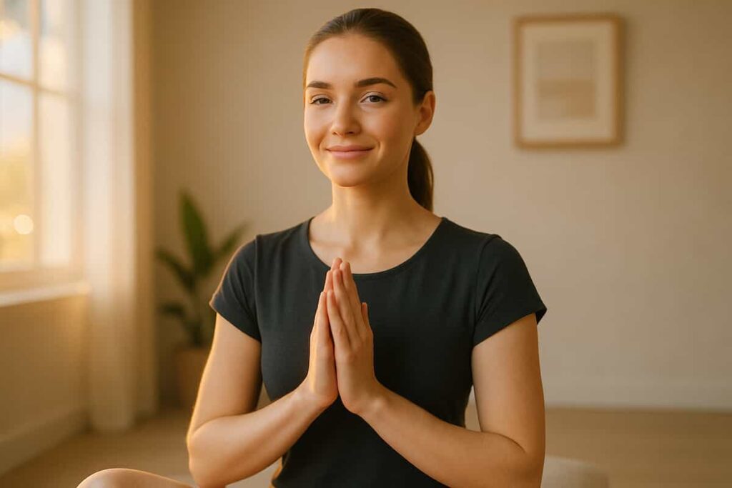 Young woman completing hopeful intention, eyes opening softly while wearing dark casual dress, hands at heart center with morning light glowing.