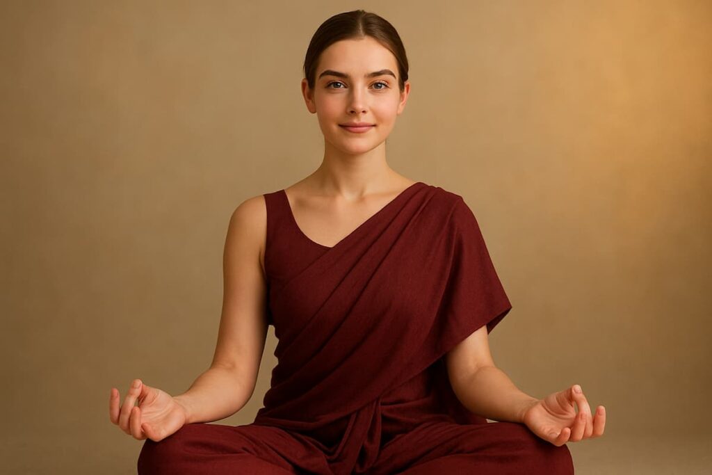 Young woman meditating in dark red saree, practicing Law of Attraction intention-setting