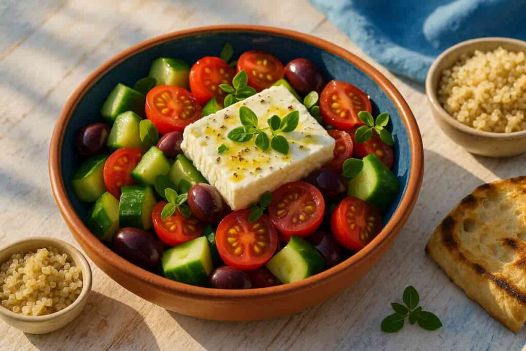 Vibrant Mediterranean with chunky cucumbers, cherry tomatoes, Kalamata olives, red onions, and crumbled feta cheese, drizzled with olive oil and oregano