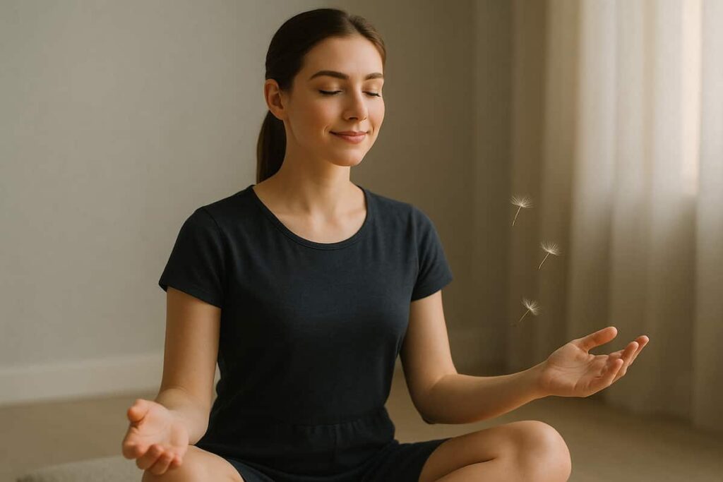 Young woman meditating peacefully, demonstrating mindful awareness of passing thoughts while wearing dark casual dress, eyes lightly closed with serene expression.