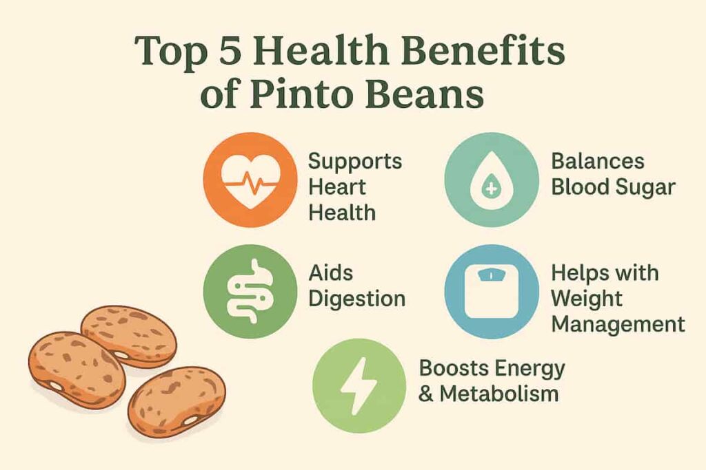 Infographic highlighting top 5 health benefits of pinto beans including digestion, blood sugar, energy, weight management, and heart health