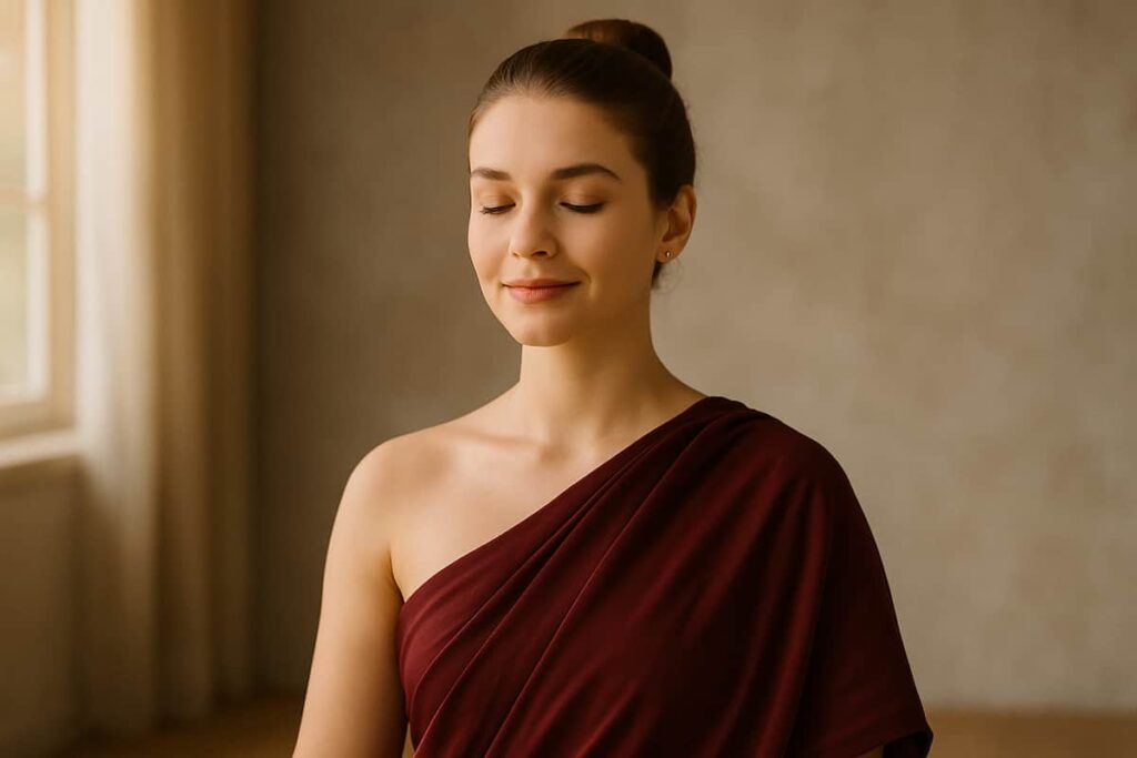 Young woman in red saree practicing deep breathing for Law of Attraction meditation.