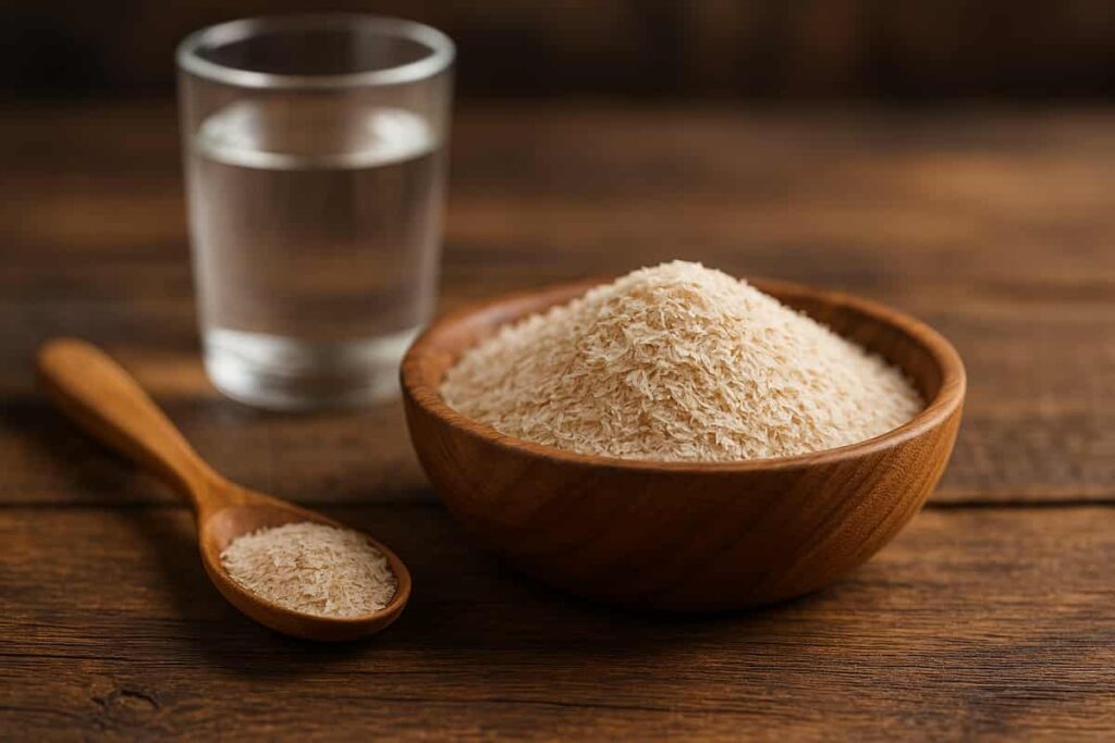 A high-resolution image of psyllium husk displayed in a rustic wooden bowl with a wooden spoon beside it, placed on a natural jute fabric. The setting evokes an Ayurvedic, organic wellness theme.