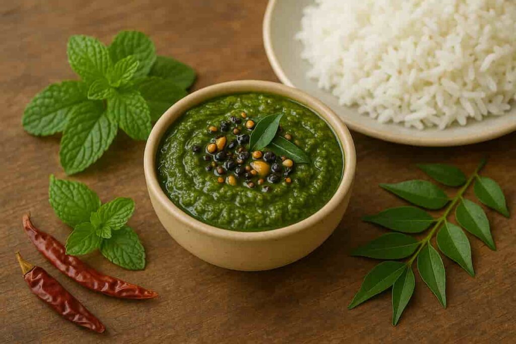 Thick spicy with mustard seeds, curry leaves, and garlic served in a bowl with steamed rice and fresh mint on a rustic table