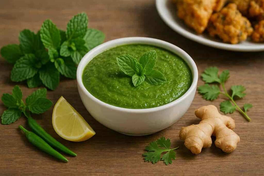 Traditional Indian pudina chutney in a bowl with fresh mint, coriander, green chilies, and lemon on a wooden table, served with Indian snacks