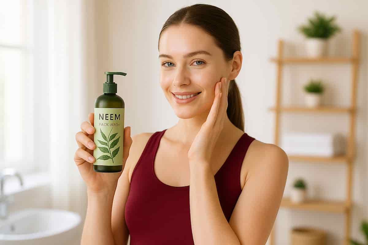 A confident young woman in a dark red yoga dress holds neem face wash, showing clear, glowing skin