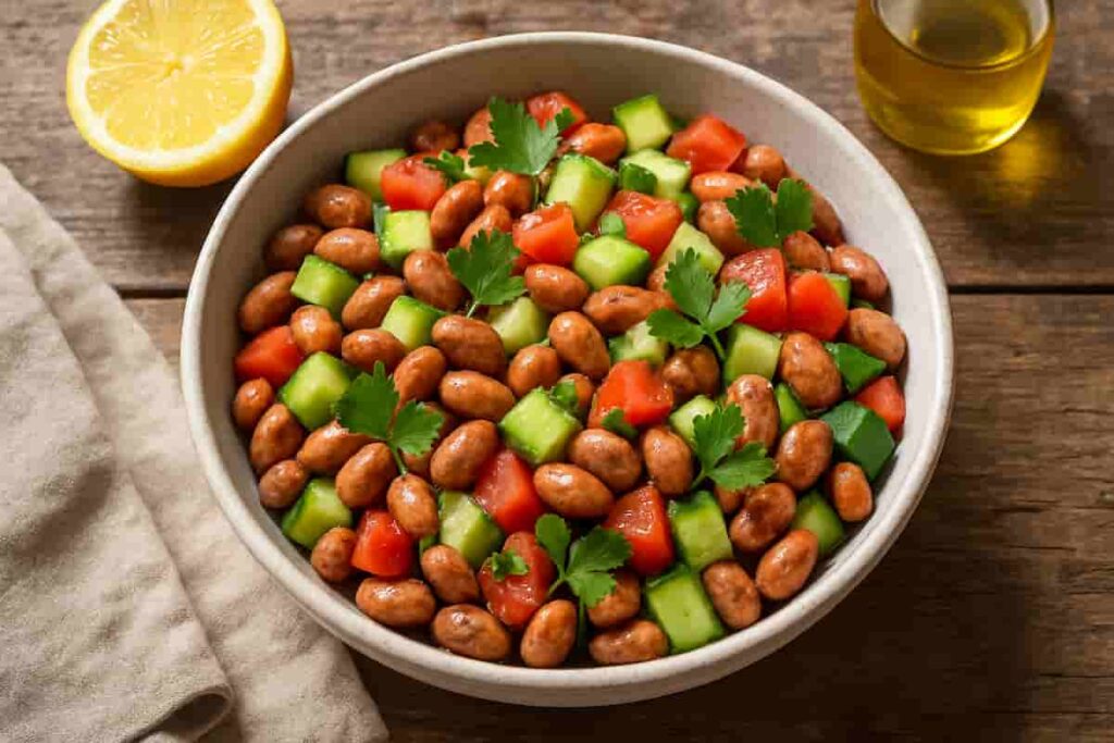Fresh, high-protein pinto bean salad with cucumbers, tomatoes, herbs, and a lemon-olive oil dressing, served in a rustic bowl.