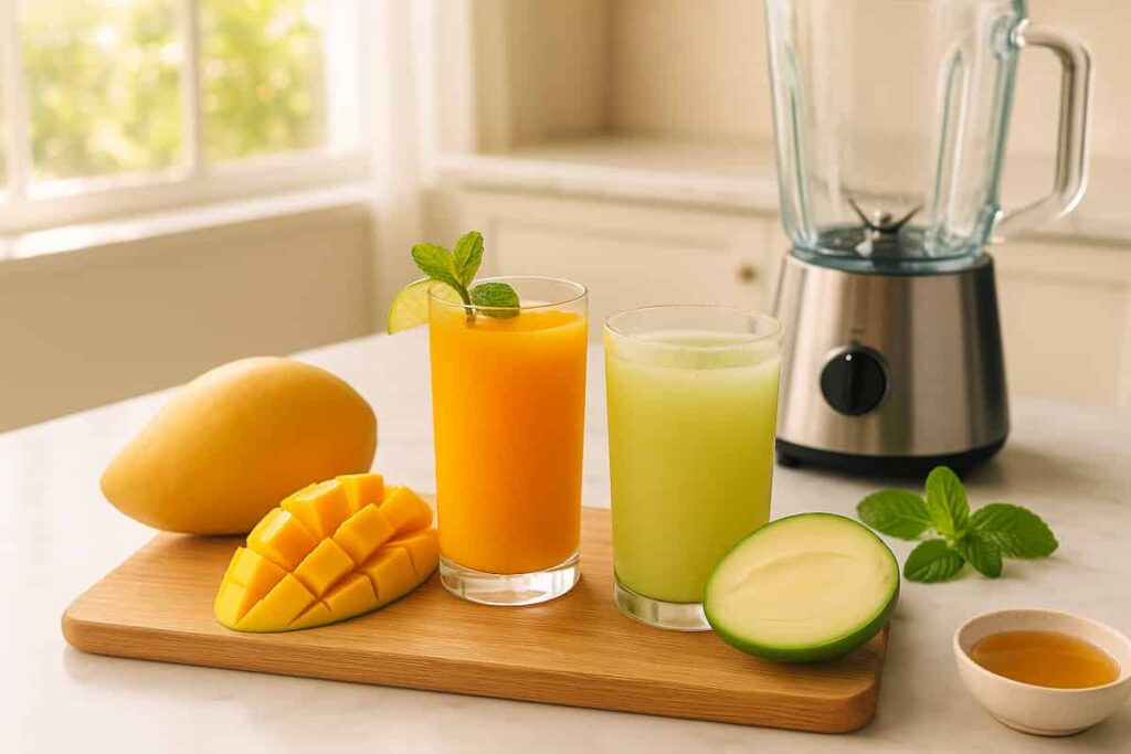 Two glasses of homemade mango juice—sweet golden ripe mango juice and tangy green raw mango juice—with fresh mangoes on a wooden board.