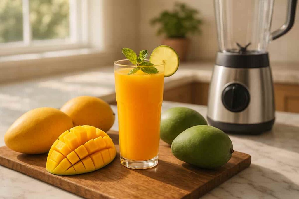 Fresh homemade mango juice in a glass with ripe and raw mangoes on a wooden board, ready to blend
