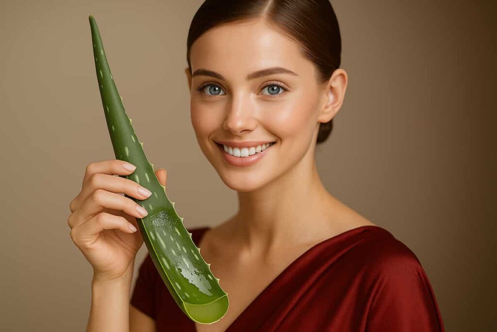 Young woman Holding fresh aloe vera , wearing a dark red yoga dress. Natural skincare and wellness concept.