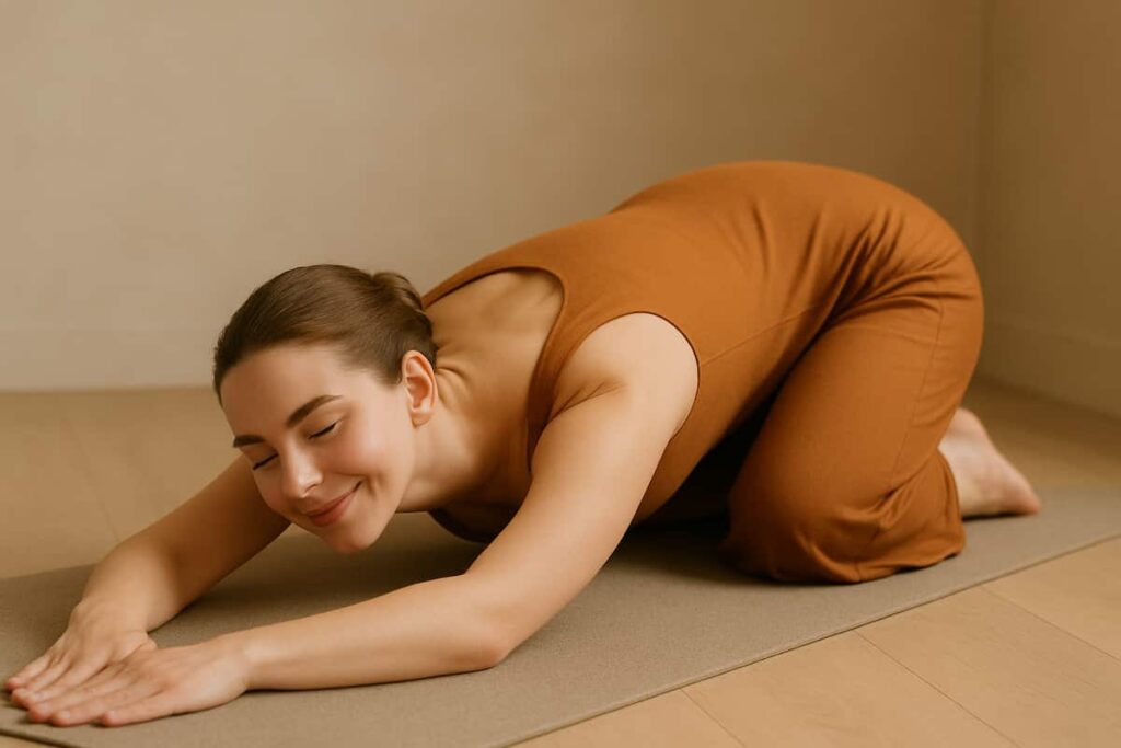 Somatic Yoga Benefits practices Extended Child’s Pose on a mat, arms stretched forward and forehead resting, expressing peaceful relief in a calm, minimalist room.