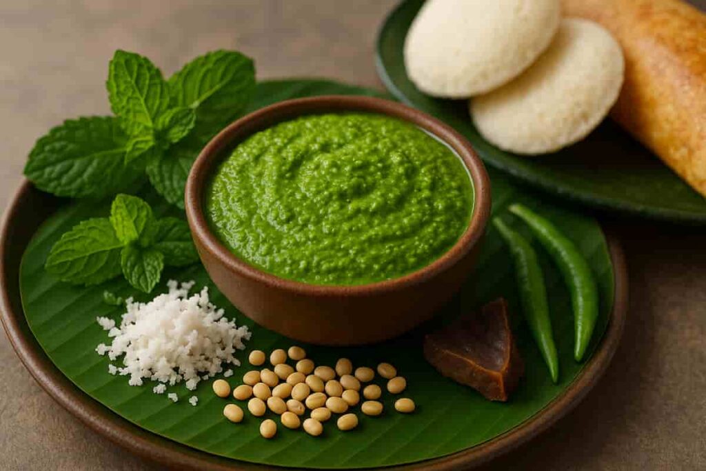 South Indian pudina chutney with coconut served in a bowl, surrounded by fresh mint, coconut, urad dal, green chilies, and tamarind, with idli and dosa in background