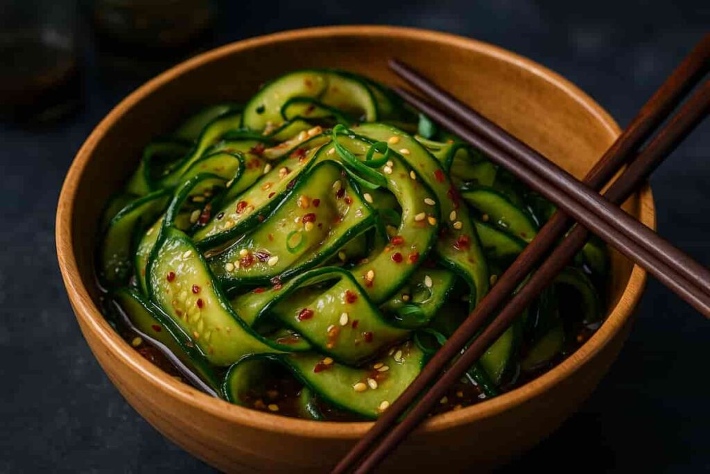 Crunchy quick-pickled Asian cucumber salad with chili flakes, sesame seeds, garlic, and a glossy sesame-soy dressing in a bamboo bowl.