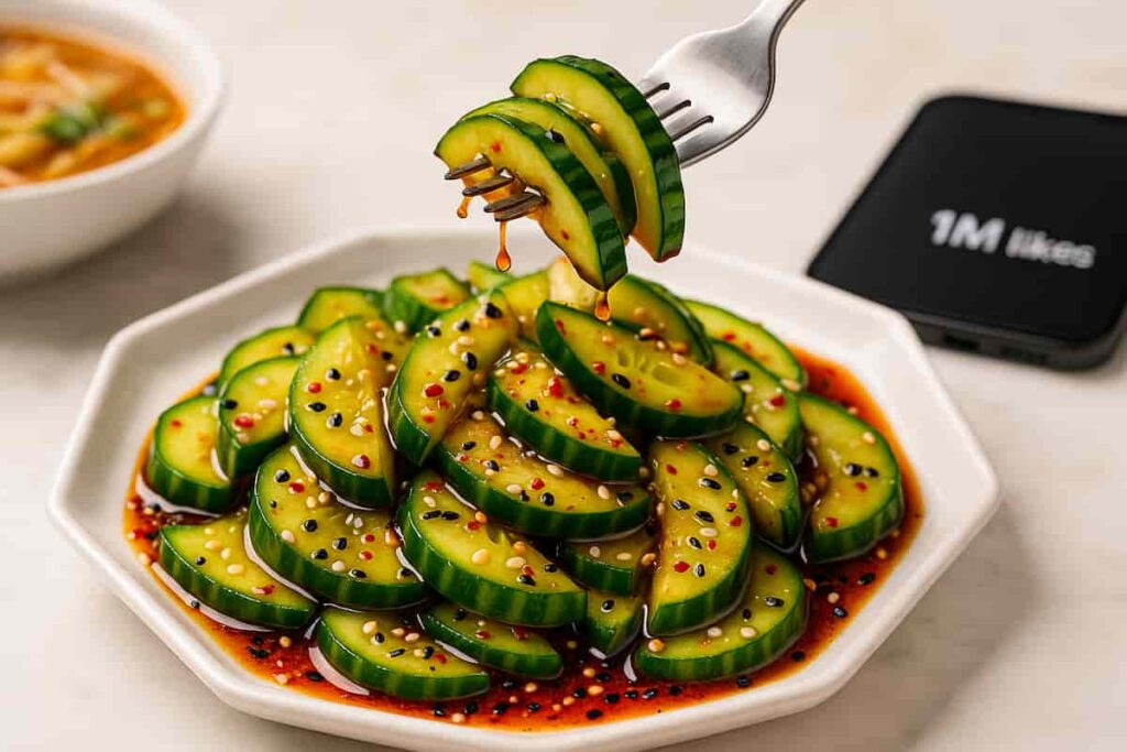 Trending sweet-sour-spicy TikTok glistening with chili oil, sesame seeds, and vinegar dressing in a modern white bowl.