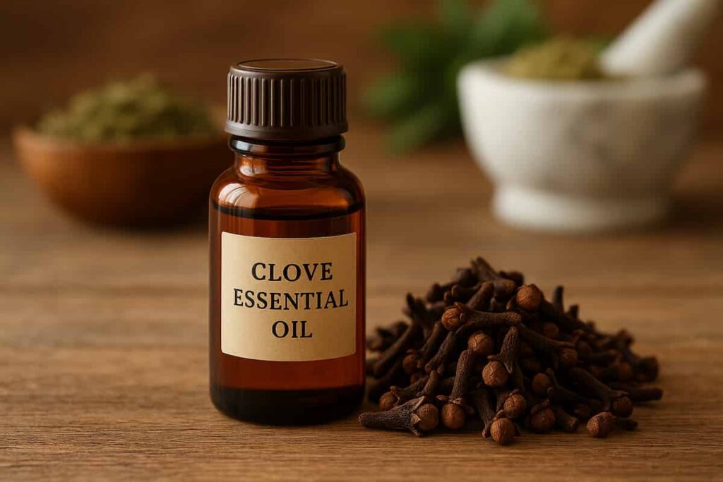 Clove oil bottle with dried cloves and Ayurvedic herbs – traditional remedy background