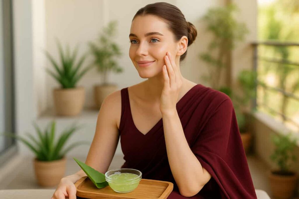 A young, fair-skinned woman in a dark red saree applying fresh aloe vera gel to her face for glowing skin. Natural skincare ritual.