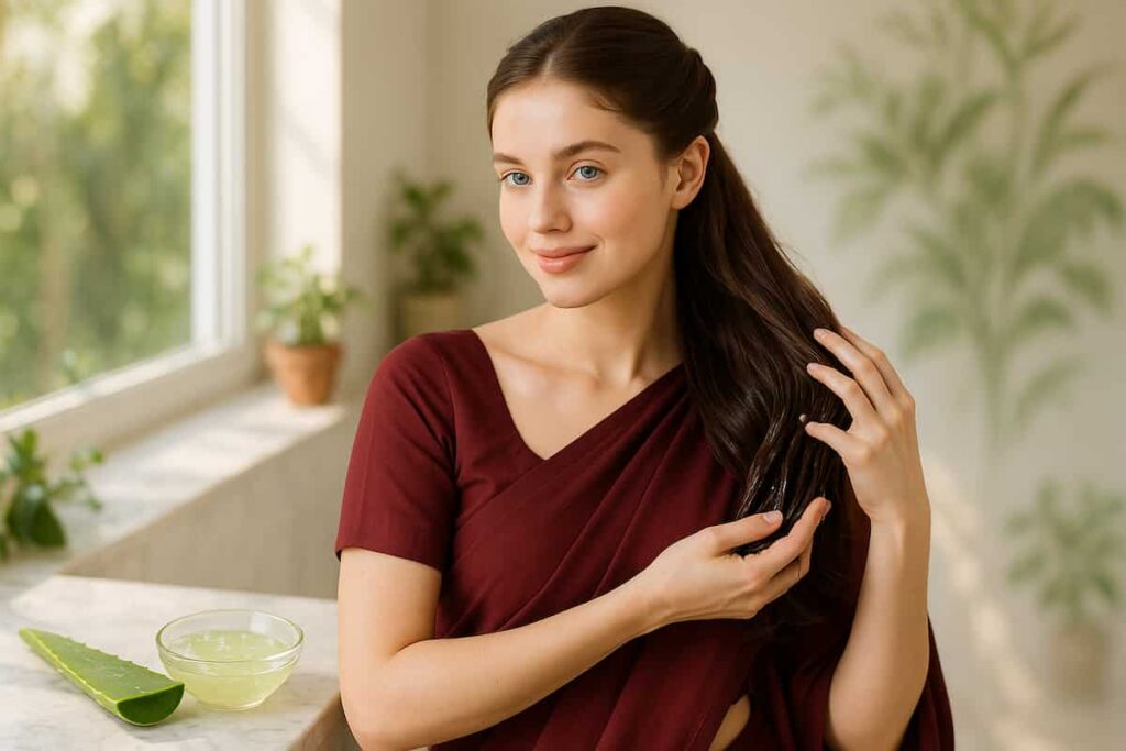A young, fair-skinned woman in a dark red saree massaging fresh aloe vera gel into her brown hair for hydration and shine. Natural haircare routine.