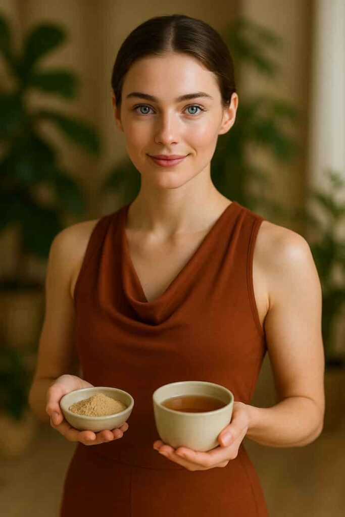 A serene young woman in saffron yoga wear holds ashwagandha powder, symbolizing natural stress relief and modern wellness