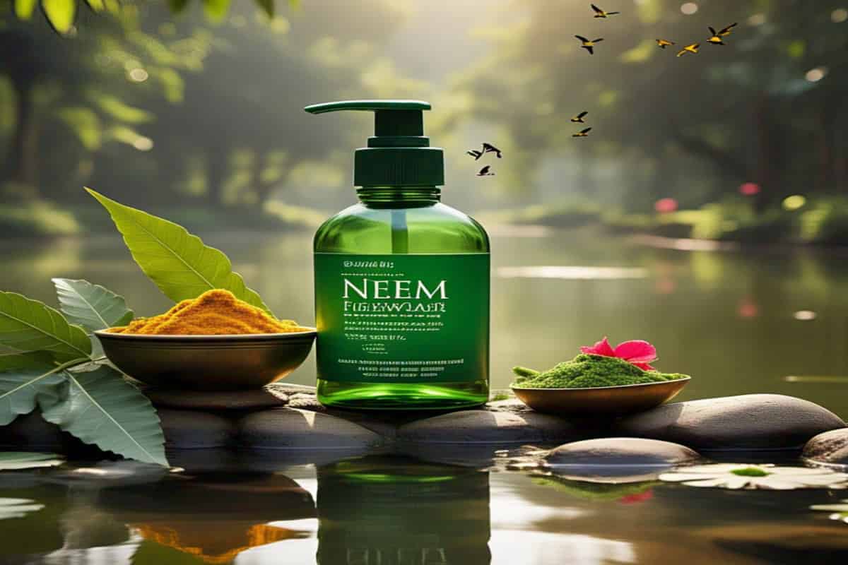 Bottle with herbal powders and  leaves placed by a serene natural stream – perfect for clear, healthy skin.
