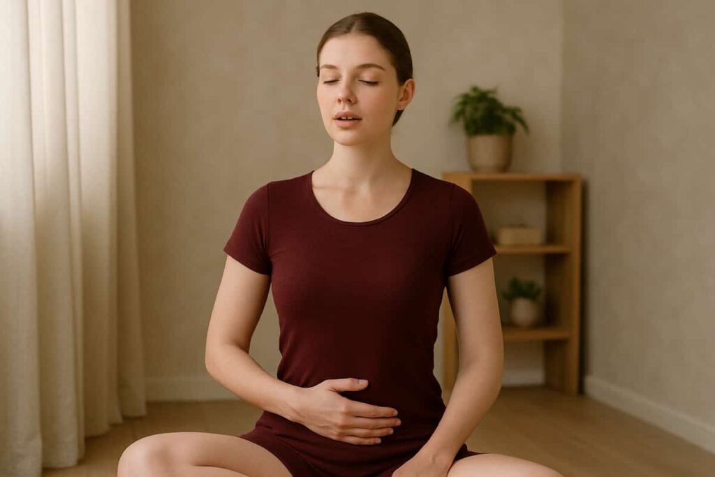 Young woman meditating with eyes closed, focusing on her breath in a dark casual dress, embodying calm and mindfulness.