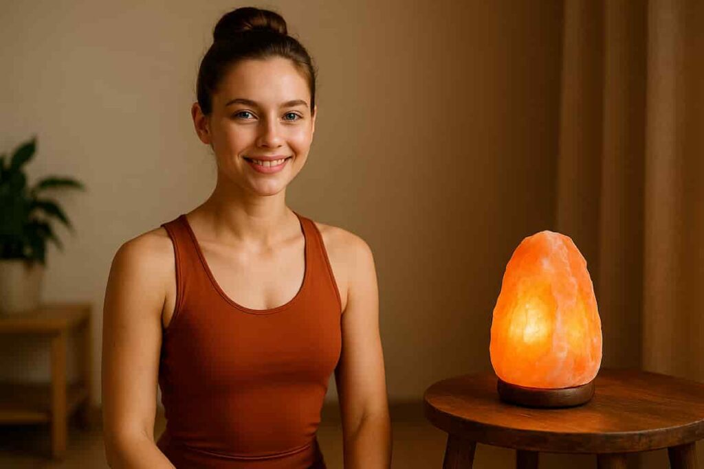 A serene woman in a saffron yoga dress beside a glowing Himalayan salt lamp for wellness and calm.