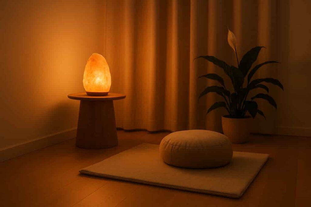 Himalayan salt lamp in a serene meditation space for wellness and focus.
