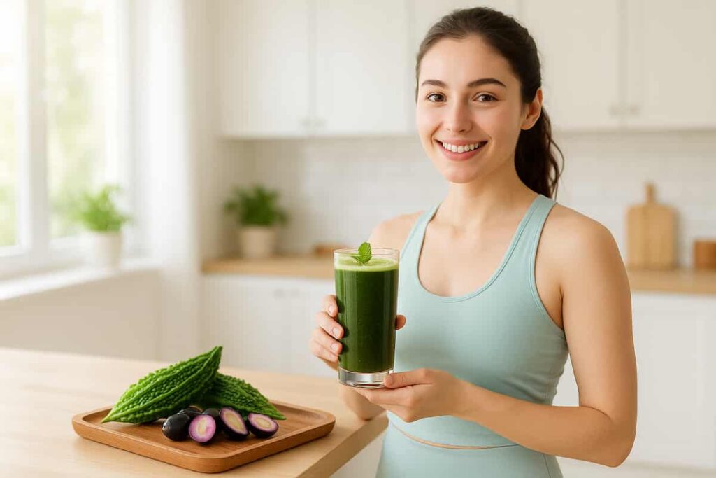A refreshing glass of Karela Jamun juice with fresh ingredients, highlighting natural health benefits and Ayurvedic wellness