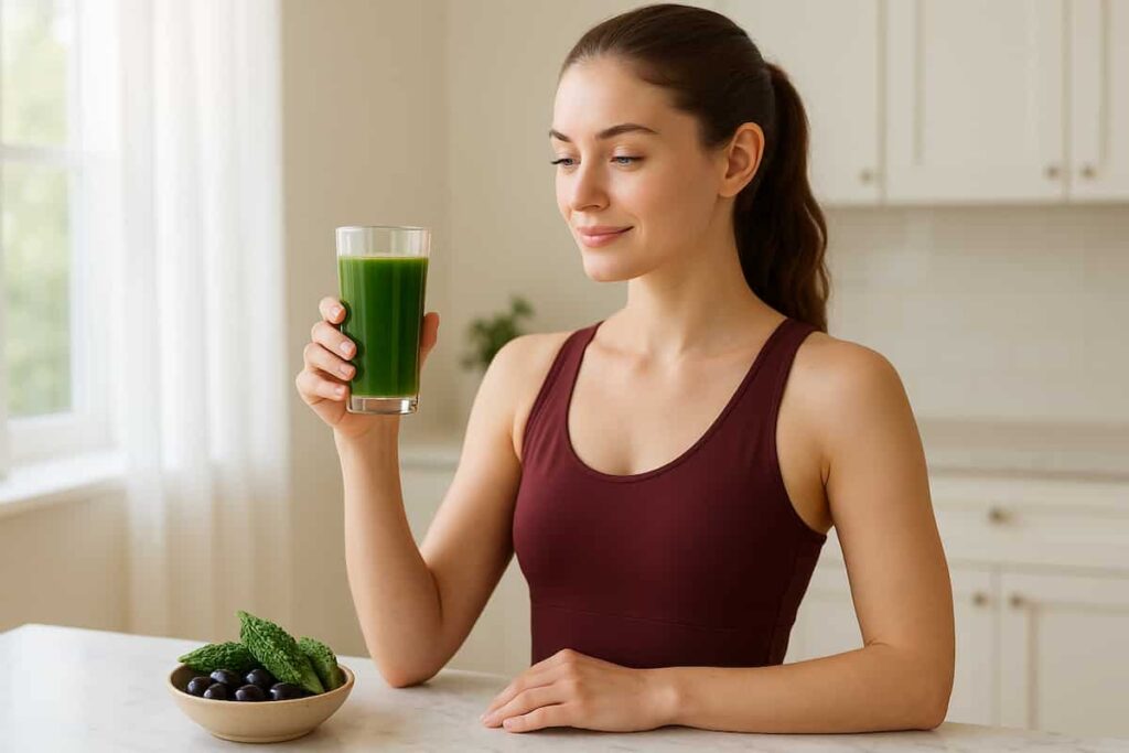 A young healthy woman in a red yoga dress holds fresh Karela Jamun juice, showcasing natural wellness benefits.