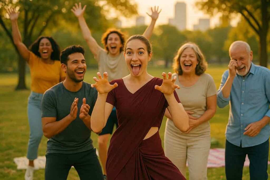 Diverse group laughing together in a park during , led by a woman in a red saree.