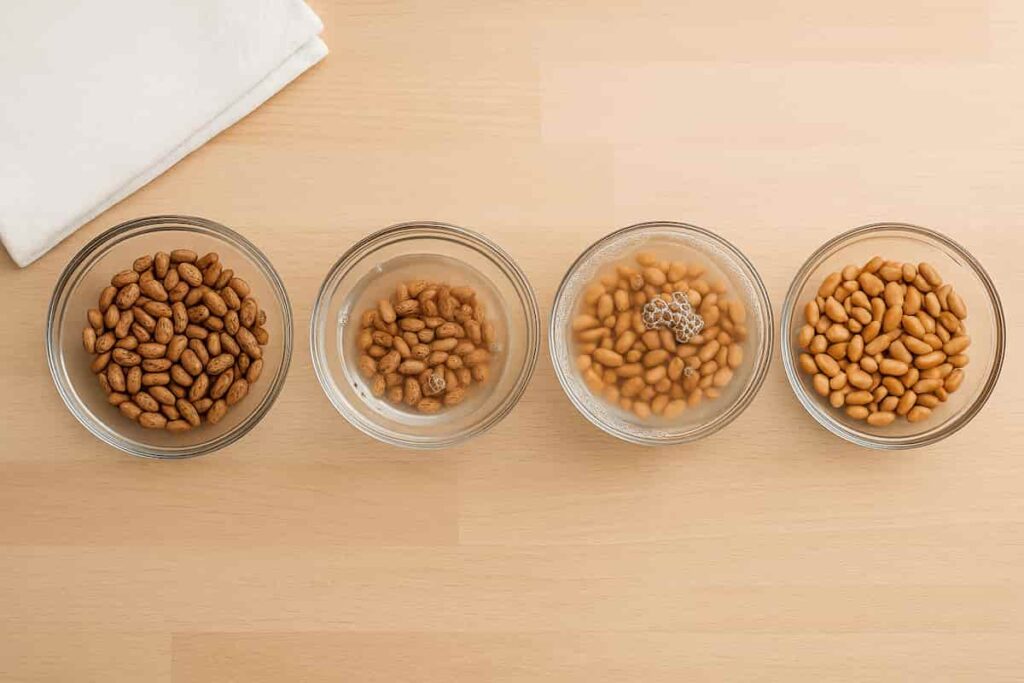 Step-by-step soaking process from dry to fully hydrated in glass bowls