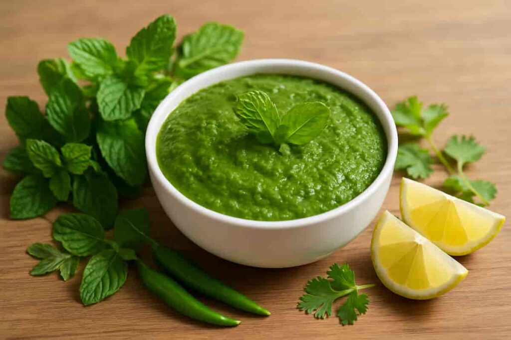 Fresh homemade pudina chutney in a bowl with mint, coriander, green chilies, and lemon on a wooden table
