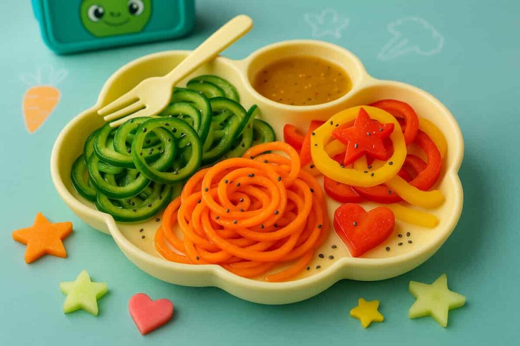 Colorful spiralized cucumber, carrot, and bell pepper salad with honey-lime dressing served in a fun bento box with chia seed sprinkles
