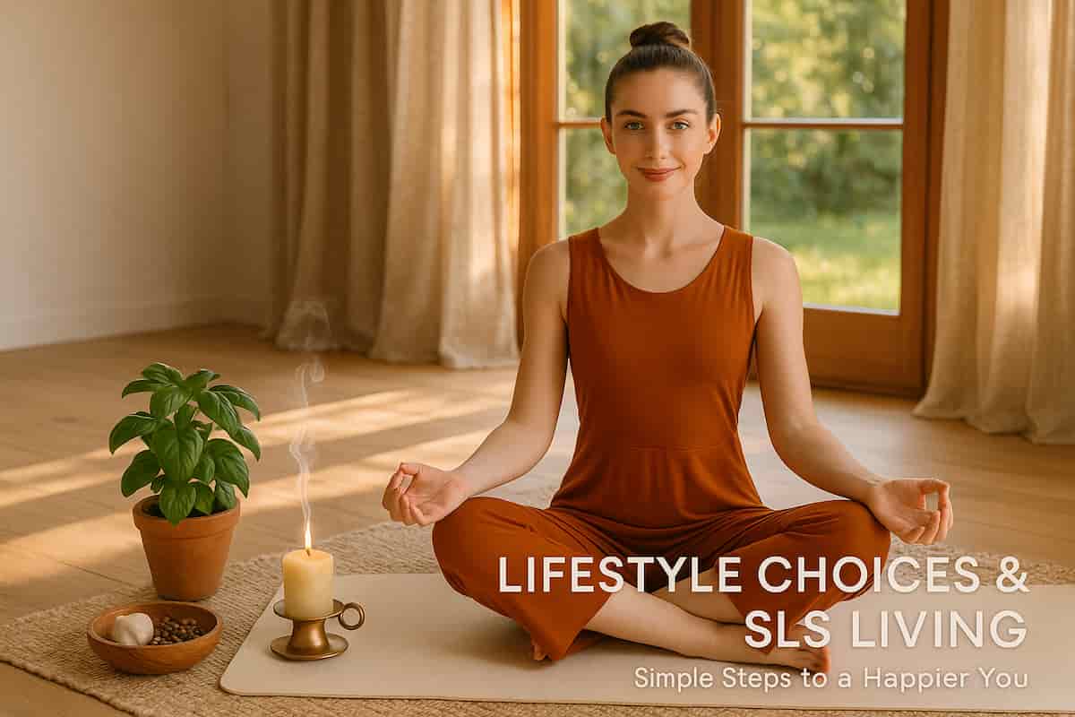 A serene fair-skinned woman in dark saffron yoga attire meditates surrounded by basil, camphor, garlic, and cloves—symbolizing SLS Living’s holistic lifestyle choices for health and happiness.