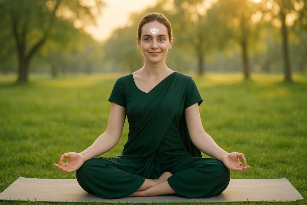Woman meditating in lotus pose at sunrise with Ajna Chakra glowing on forehead, representing Third Eye awakening.