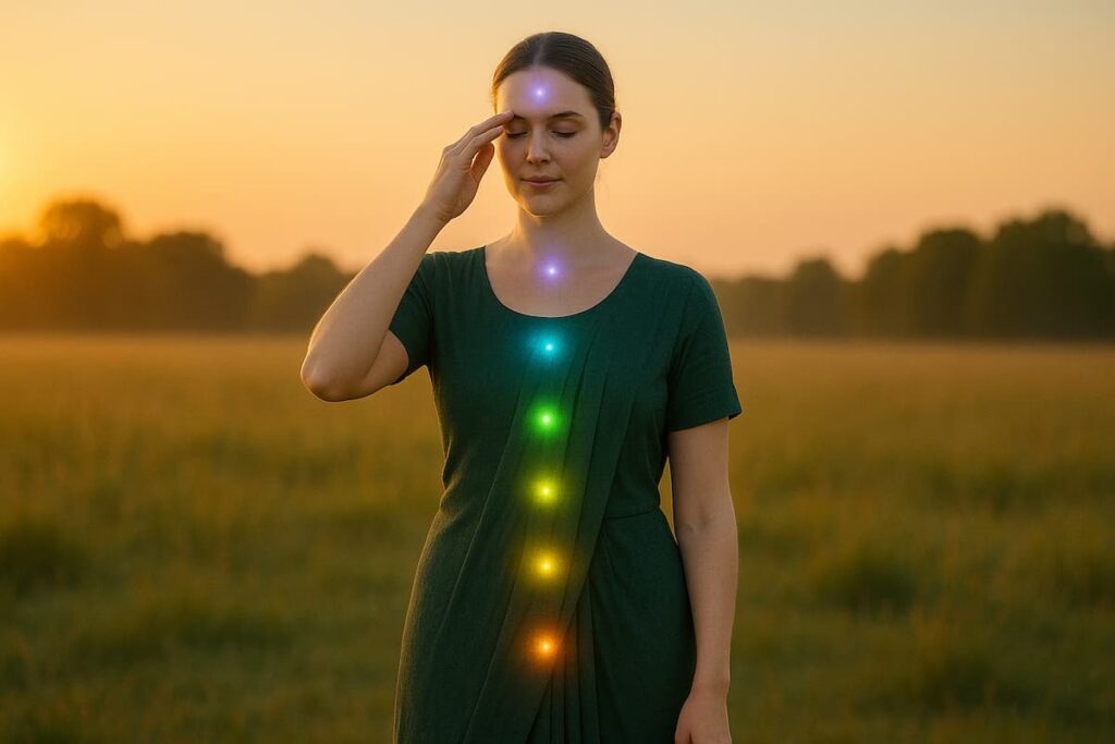 Woman in quiet reflection near a lake at twilight, symbolizing spiritual insight and Third Eye balance.